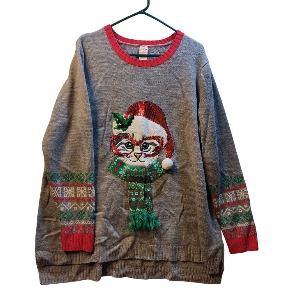 Holiday Time Women's 3X Gray‎ Cat Sequin Christmas Ugly Sweater Festive Party